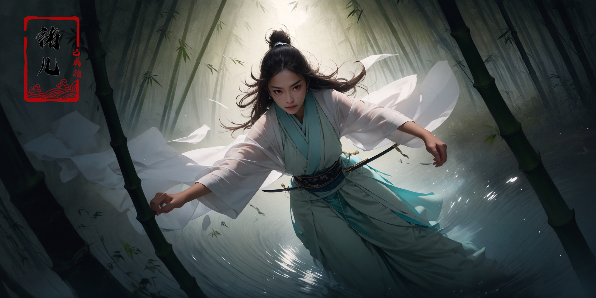 606247209521969086-3709877000-To shoot from above.  ，art by Zao Wou-ki，extreme close - up, focus on face, A woman in white Hanfu, wearing a white transparent.jpg